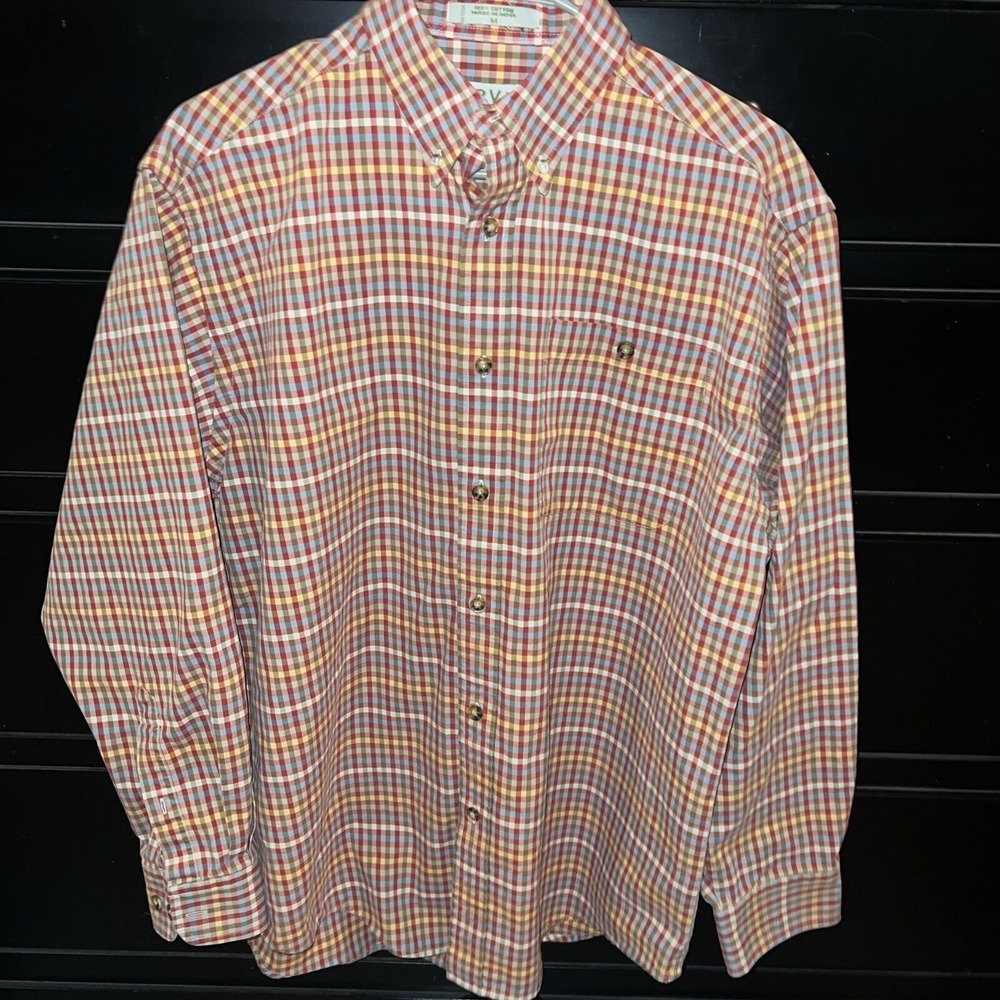 ORVIS Mens‎ Cotton TWILL LONG SLEEVE SHIRT RED Yellow BLUE CHECK MIDWEIGHT Sz M